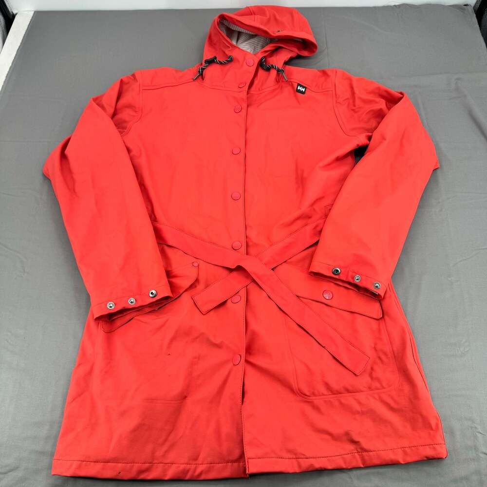 Helly Hansen Red Trench Coat with Belt and Hood, Size L/G Regular